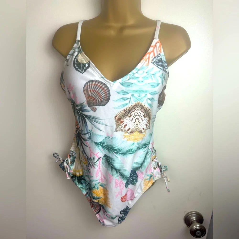 RACHEL Racheal Roy Seashell PalmTree Small LaceUp Sides One Piece Swimsuit NWT L